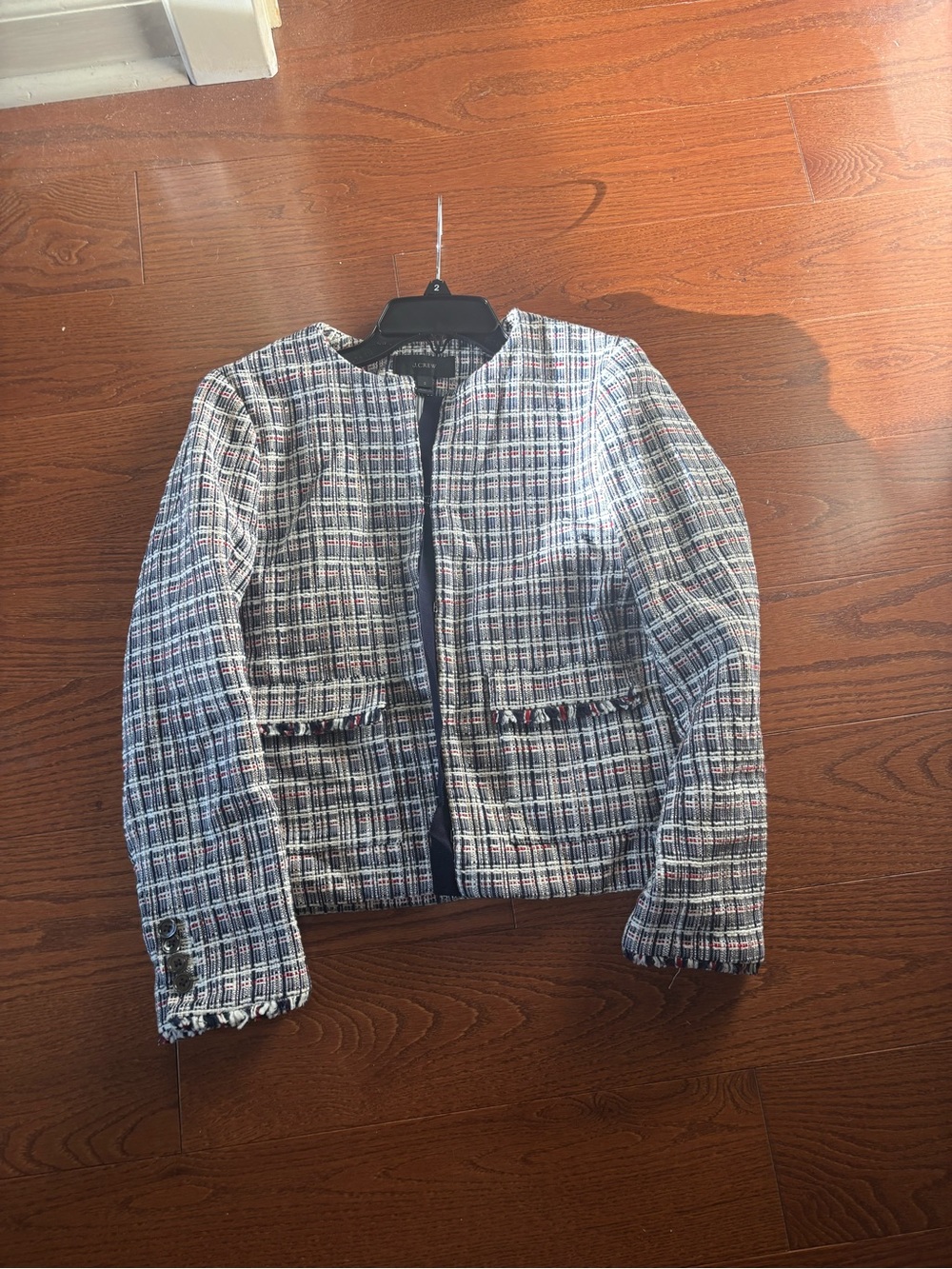 J. Crew Tweed Collarless Blazer in Navy, White & Pink Plaid